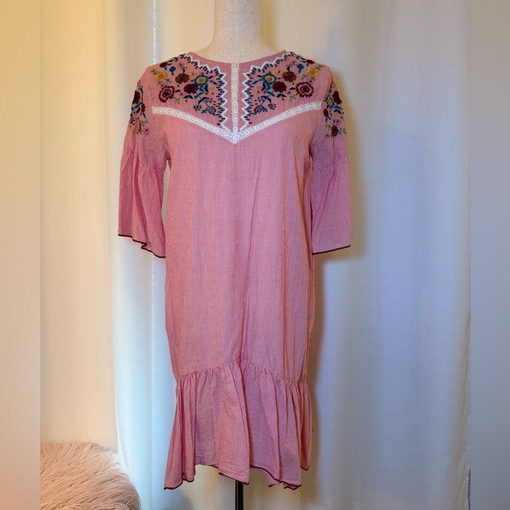 Zara Pink Floral Embroidered Long Sleeve Dress